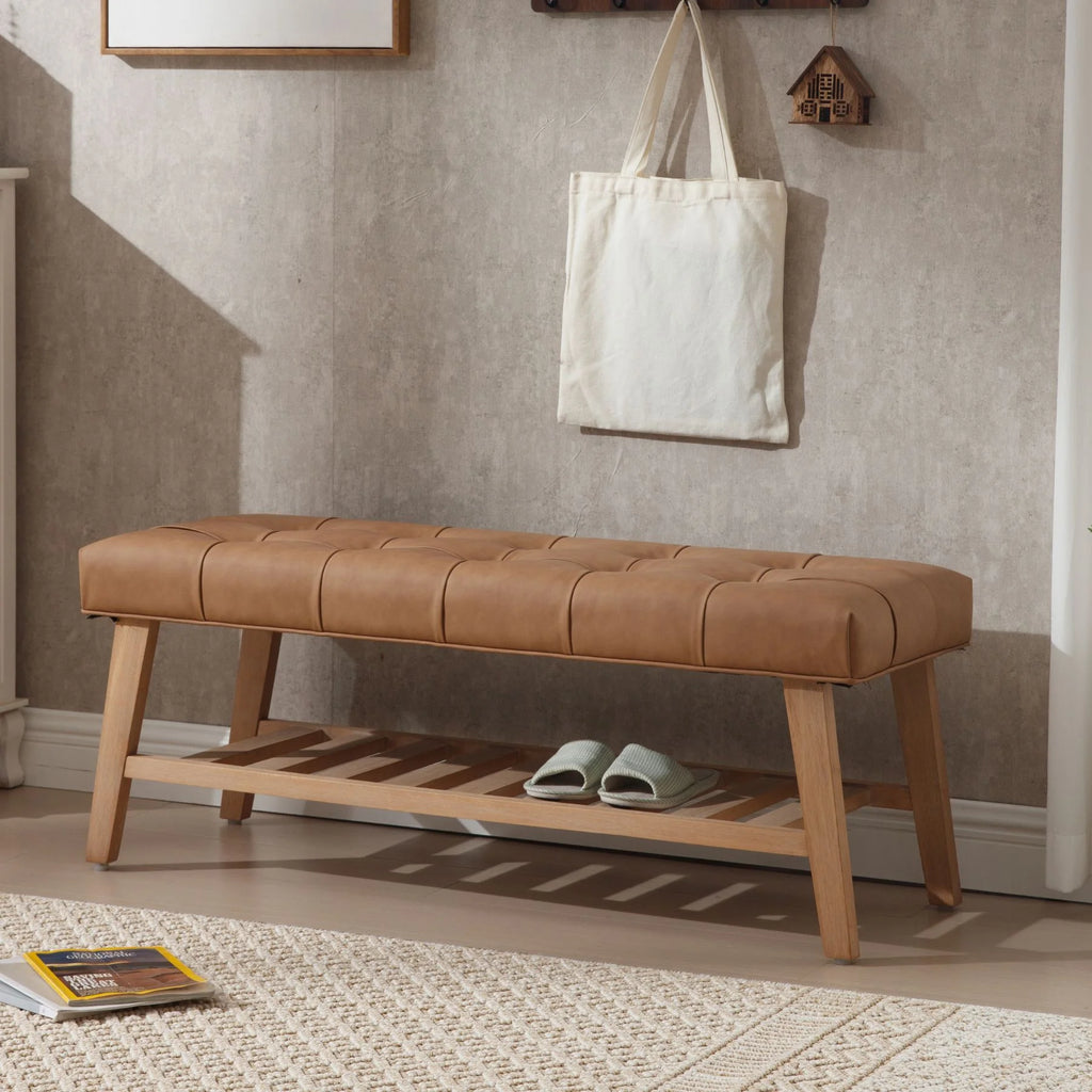Dayalane Upholstered Storage Bench with Shoe Rack, Linen Fabric Entryway Bench for Living Room, Bedroom and Hallway, Multi Functional Ottoman with Solid Wood Shelf, Beige