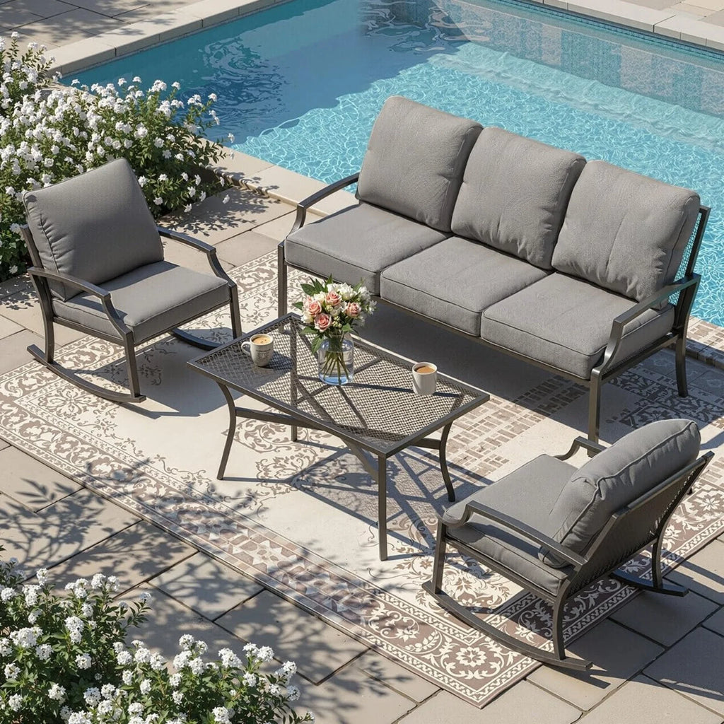 AECOJOY 4-Piece Outdoor Patio Furniture Set with Rocking Chair, Metal Patio Conversation Bistro Set