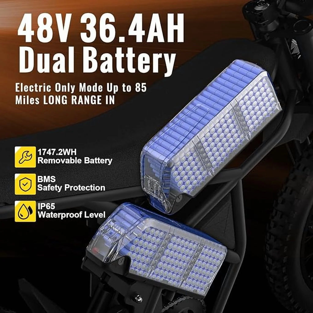 2400W Ridingtimes GT73 2400W 48V Electric Motorbike 18.2ah*2 Electric BIKE UL2849 with 25" Tires Digital Screen Carbon Steel, BLACK