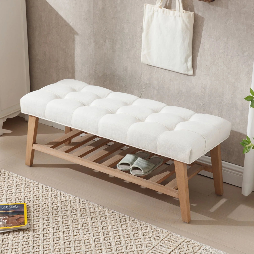 Dayalane Upholstered Storage Bench with Shoe Rack, Linen Fabric Entryway Bench for Living Room, Bedroom and Hallway, Multi Functional Ottoman with Solid Wood Shelf, Beige